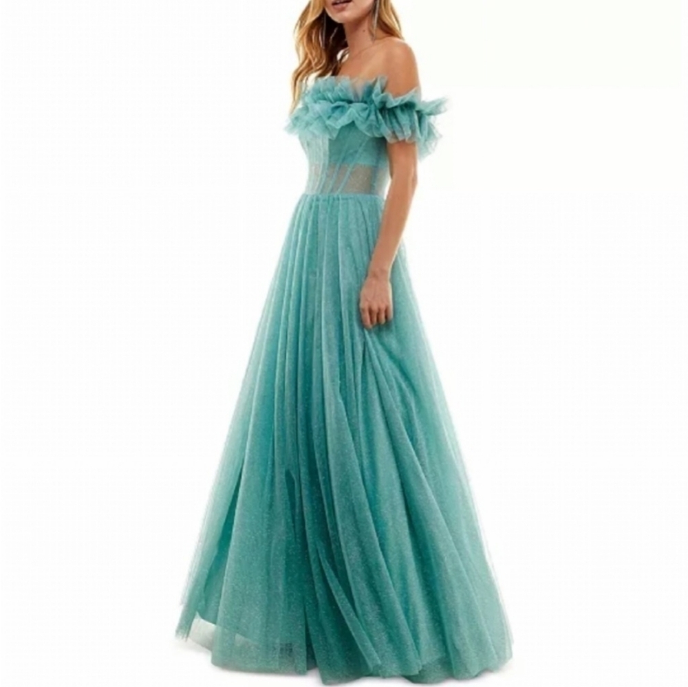 Say Yes to the Prom Glitter Tulle Off The Shoulder Gown Size 13 - Picture 4 of 13